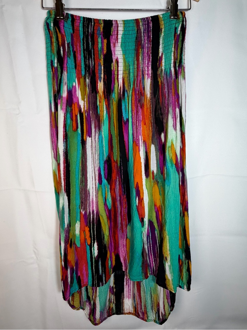 Vibrant Multicolor Abstract High Low Convertible Maxi Skirt Smocked Dress Medium